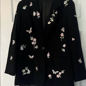 Together Black Blazer with Floral and Butterfly Embroidery